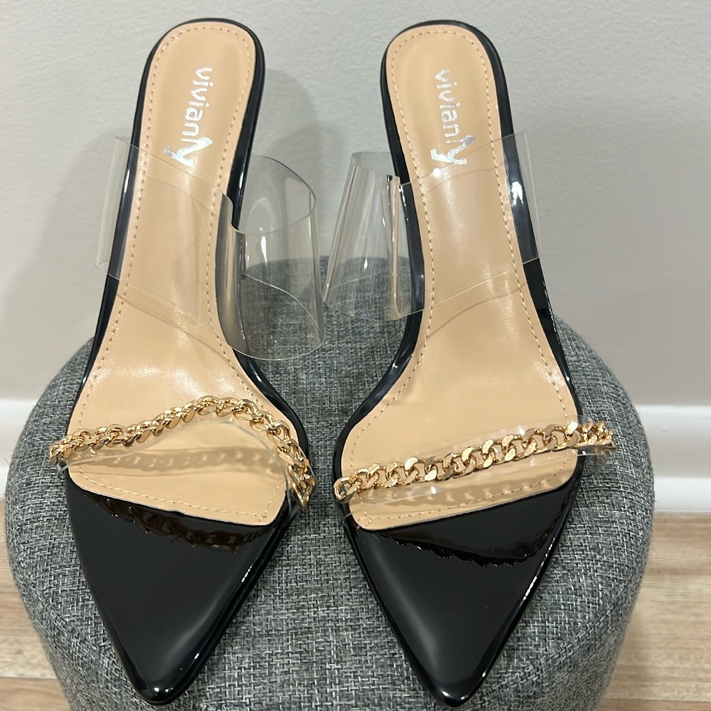 Vivianly Clear Pointed Toe Mules-Black-Size 11